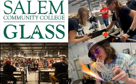 Salem Community College Glass Text Based Logo and three pictures of people blowing glass